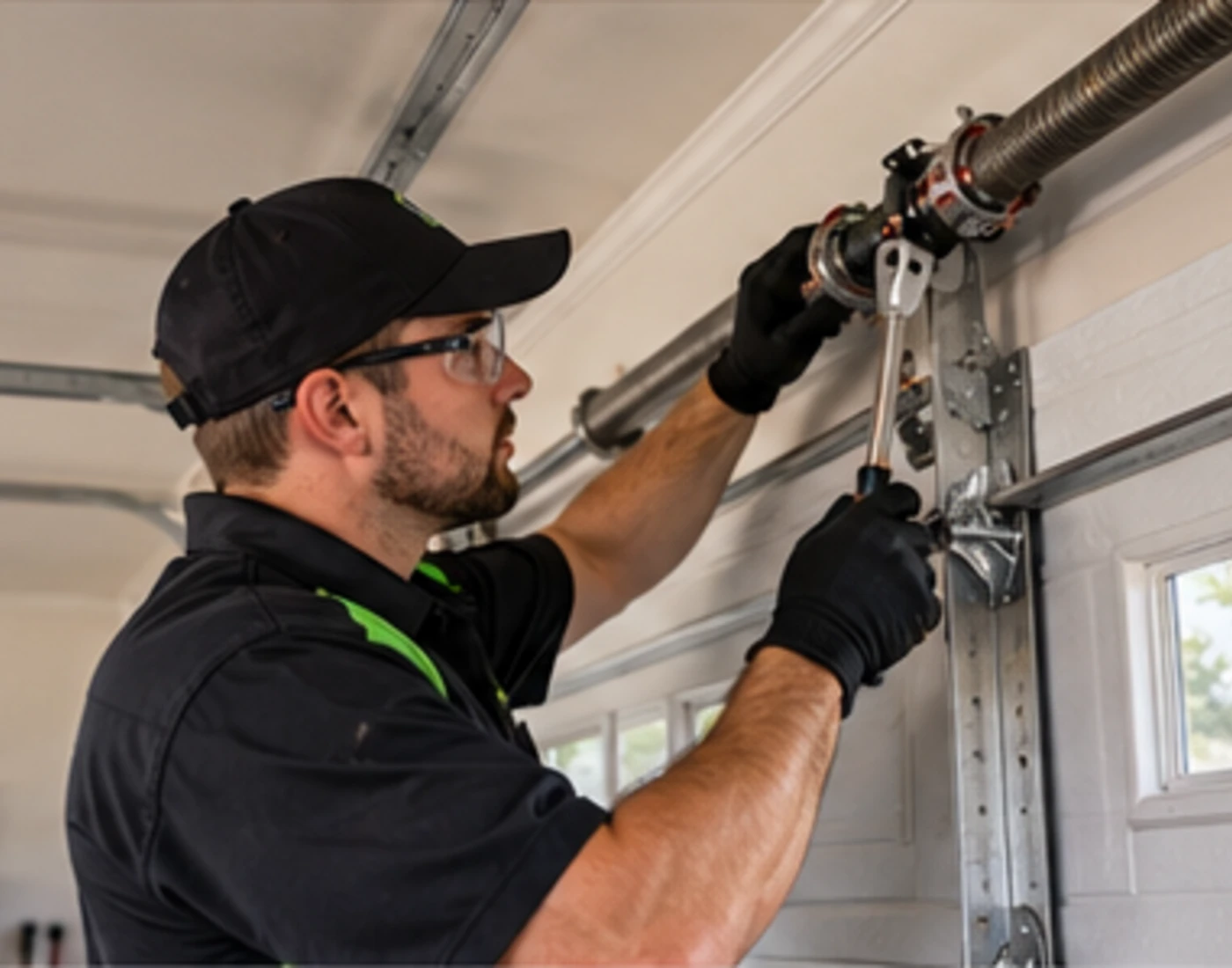 Garage door technician completing detailed service work