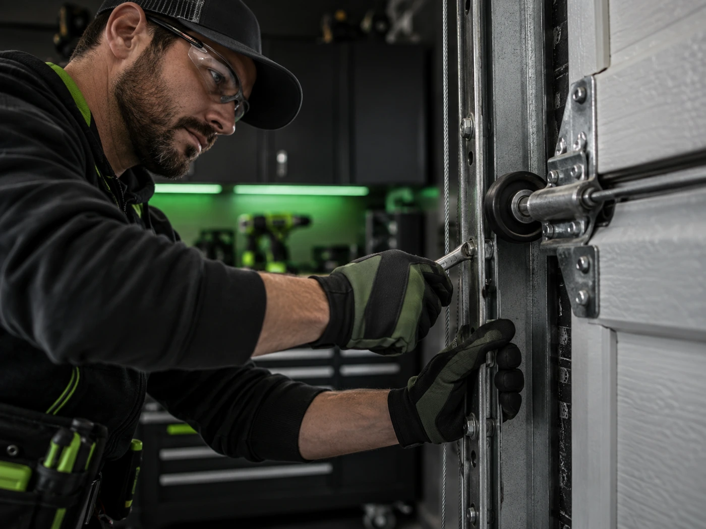 Close view of professional garage door repair work