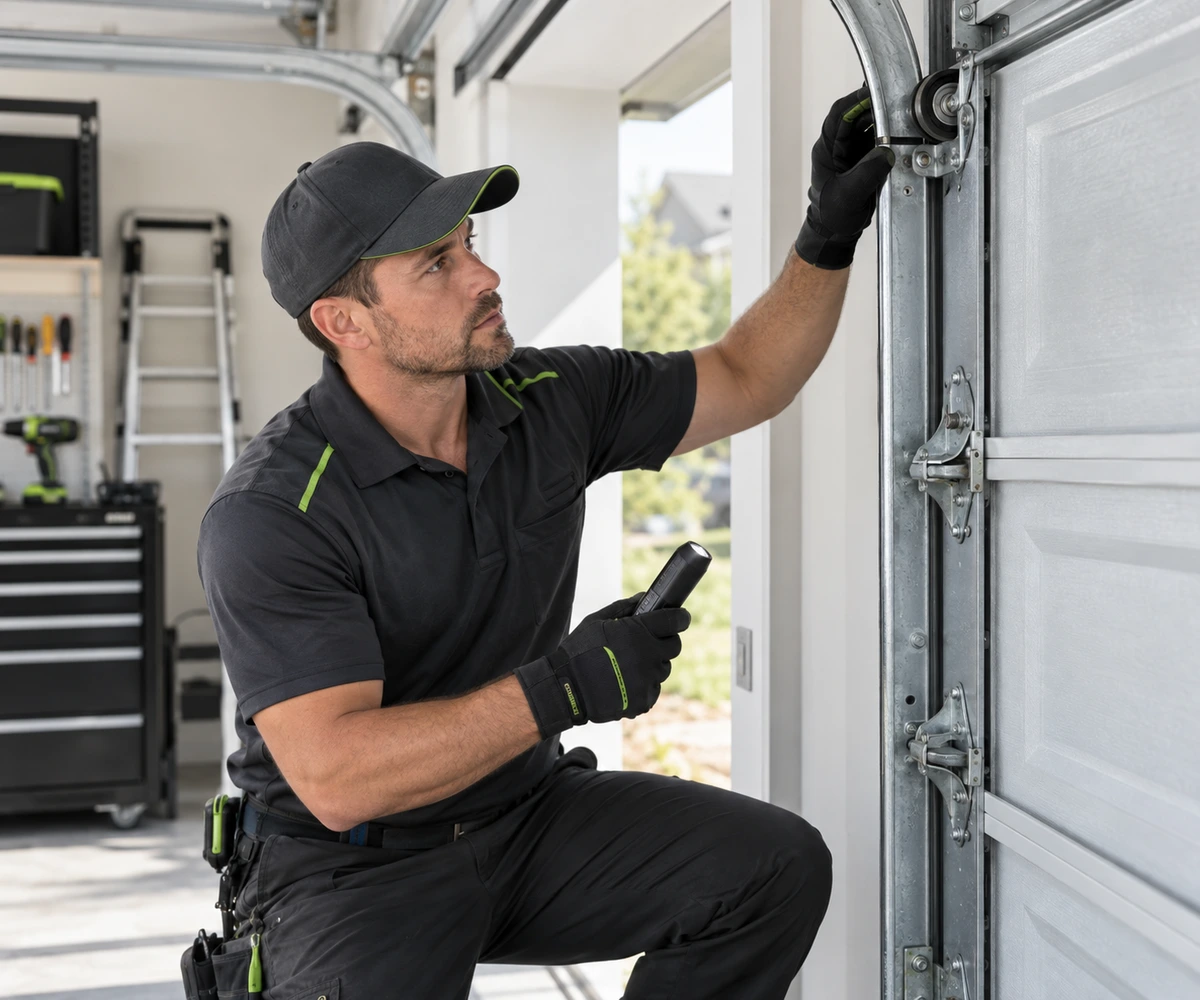 Garage door technician inspecting hardware